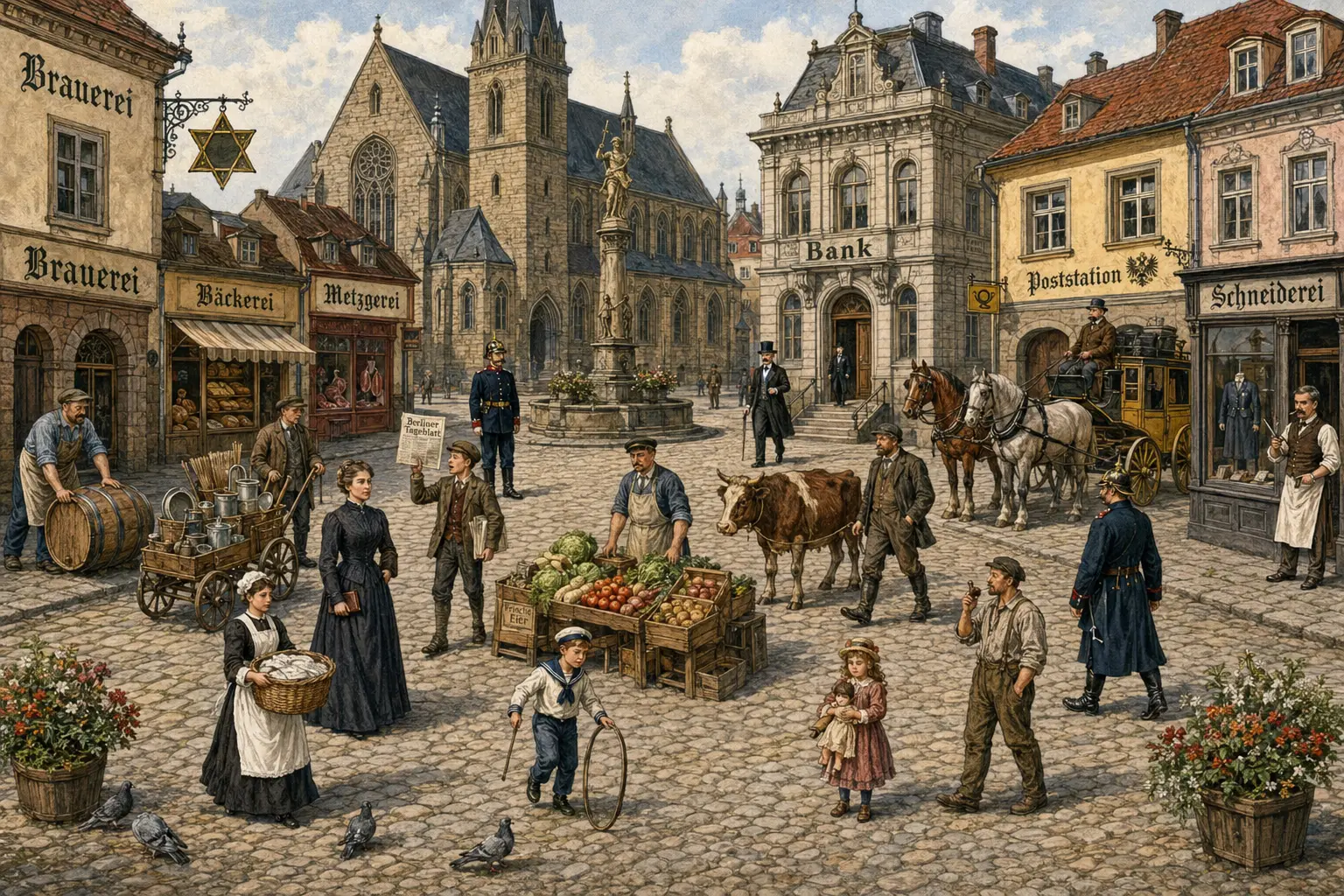 Wimmelbild: Marktplatz einer deutschen Kleinstadt um 1914 mit Kirche, Bank, Poststation und vielen Menschen.